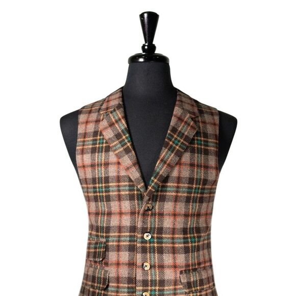 Mens 42R Wool Vest Brown Orange Teal Tartan Plaid Waistcoat Formal Wedding Party - Picture 4 of 10